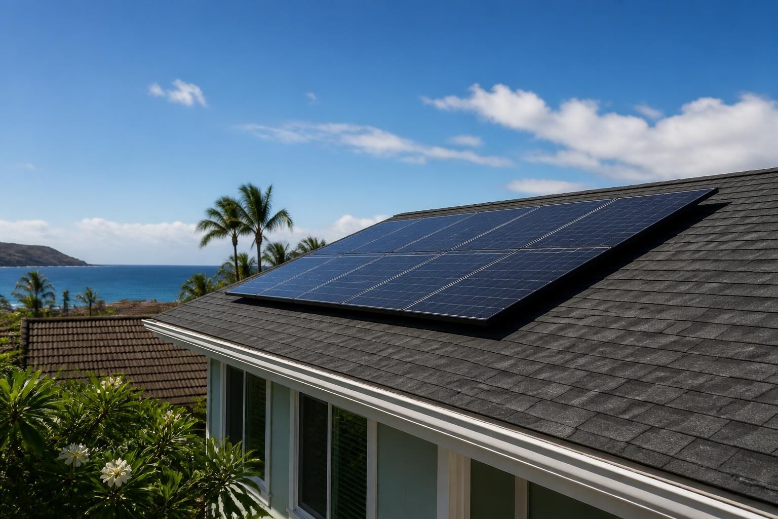 Freshly cleaned roof with solar panels and clear gutters in daylight