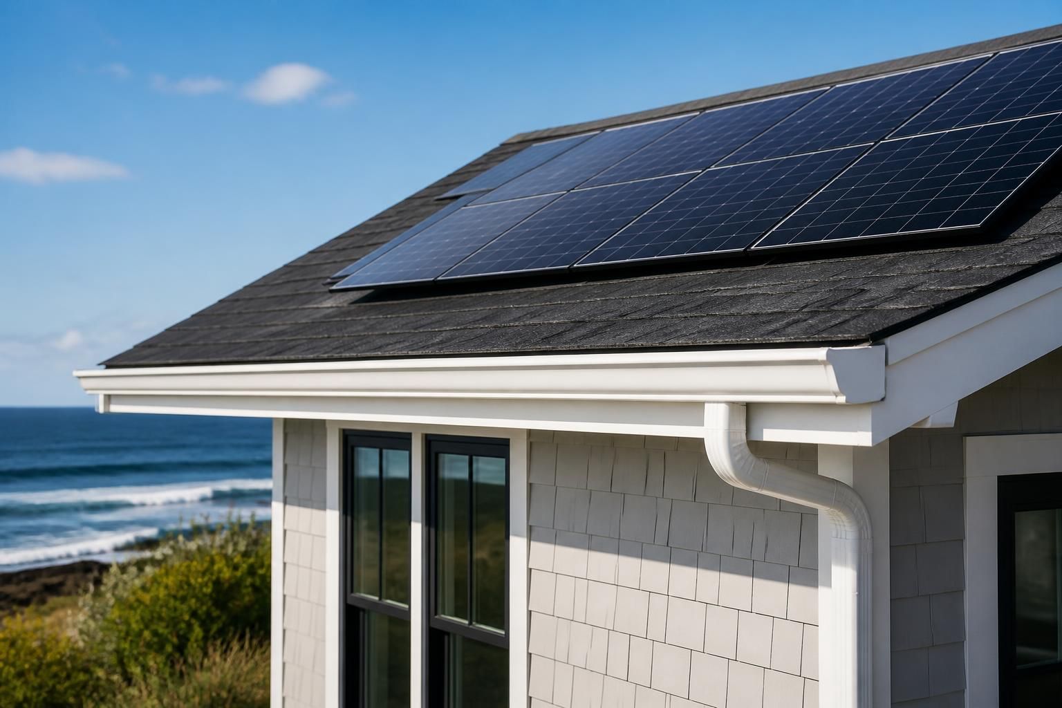 Clean coastal home exterior with roof gutters and solar panels